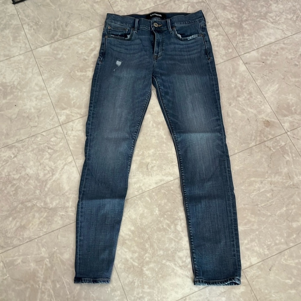 Express Super Skinny Distressed Mid Rise Ankle Jeans
